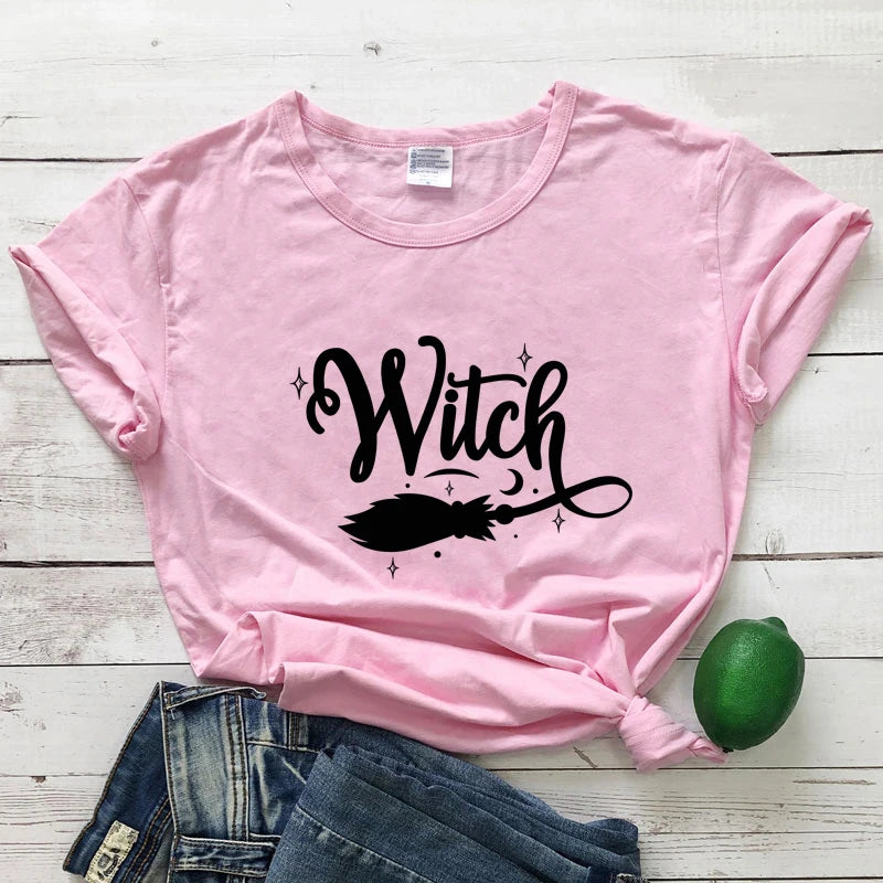 Witch Broom 100% Cotton T-shirt Funny Women Halloween Costume Tshirt Fashion Autumn Short Sleeve Graphic Witchy Tops Camiseta