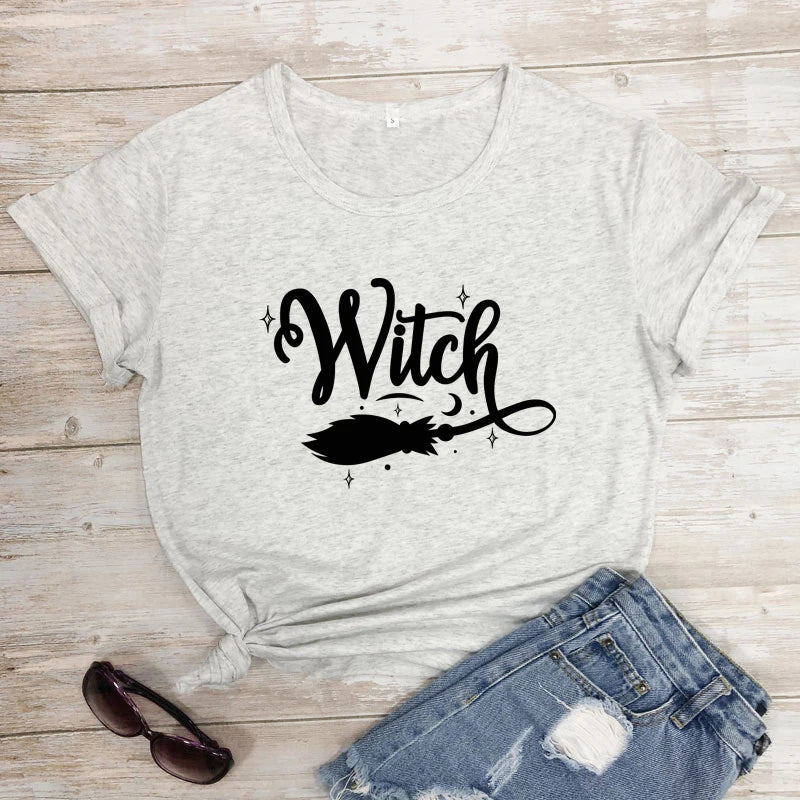 Witch Broom 100% Cotton T-shirt Funny Women Halloween Costume Tshirt Fashion Autumn Short Sleeve Graphic Witchy Tops Camiseta