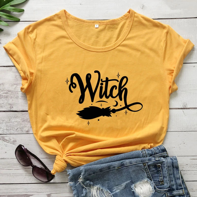 Witch Broom 100% Cotton T-shirt Funny Women Halloween Costume Tshirt Fashion Autumn Short Sleeve Graphic Witchy Tops Camiseta