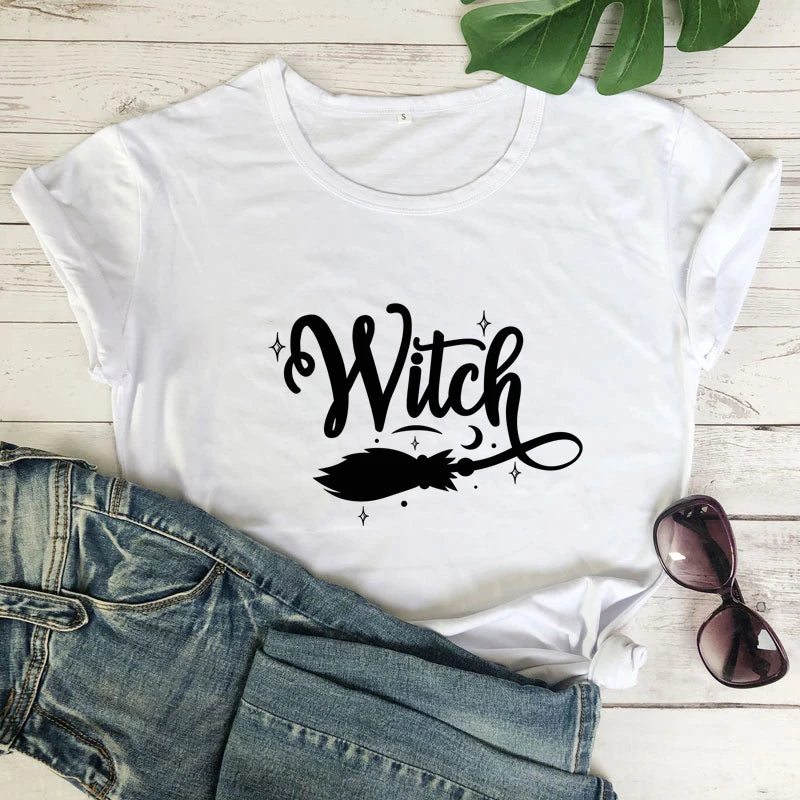 Witch Broom 100% Cotton T-shirt Funny Women Halloween Costume Tshirt Fashion Autumn Short Sleeve Graphic Witchy Tops Camiseta