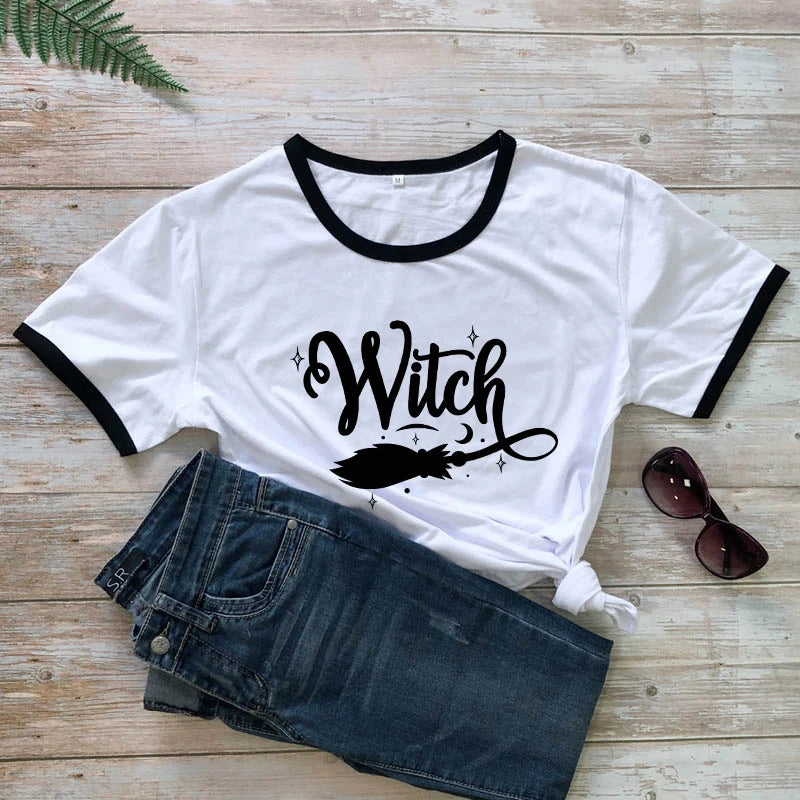 Witch Broom 100% Cotton T-shirt Funny Women Halloween Costume Tshirt Fashion Autumn Short Sleeve Graphic Witchy Tops Camiseta