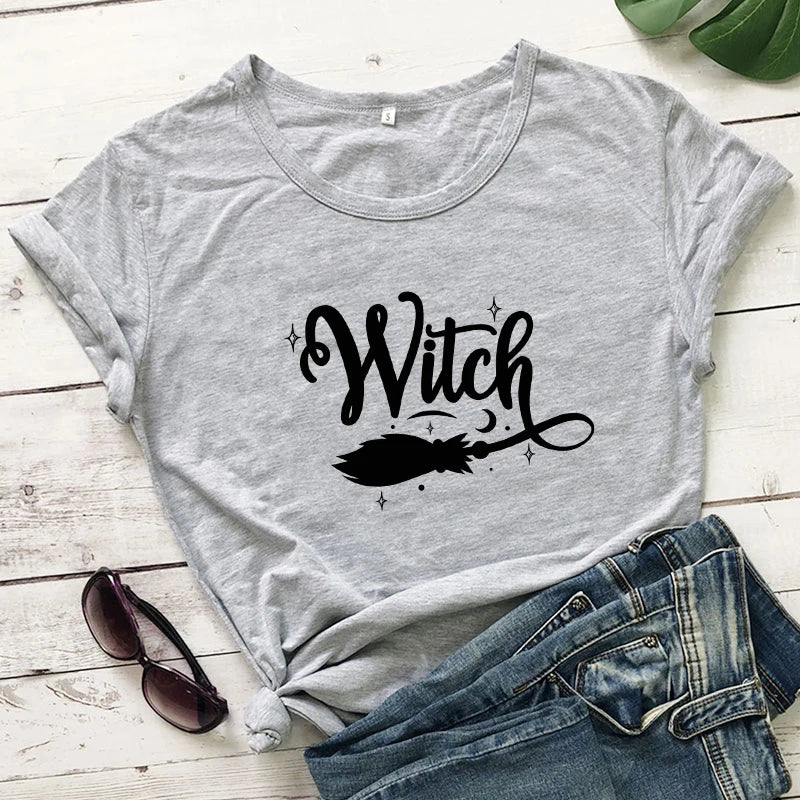 Witch Broom 100% Cotton T-shirt Funny Women Halloween Costume Tshirt Fashion Autumn Short Sleeve Graphic Witchy Tops Camiseta