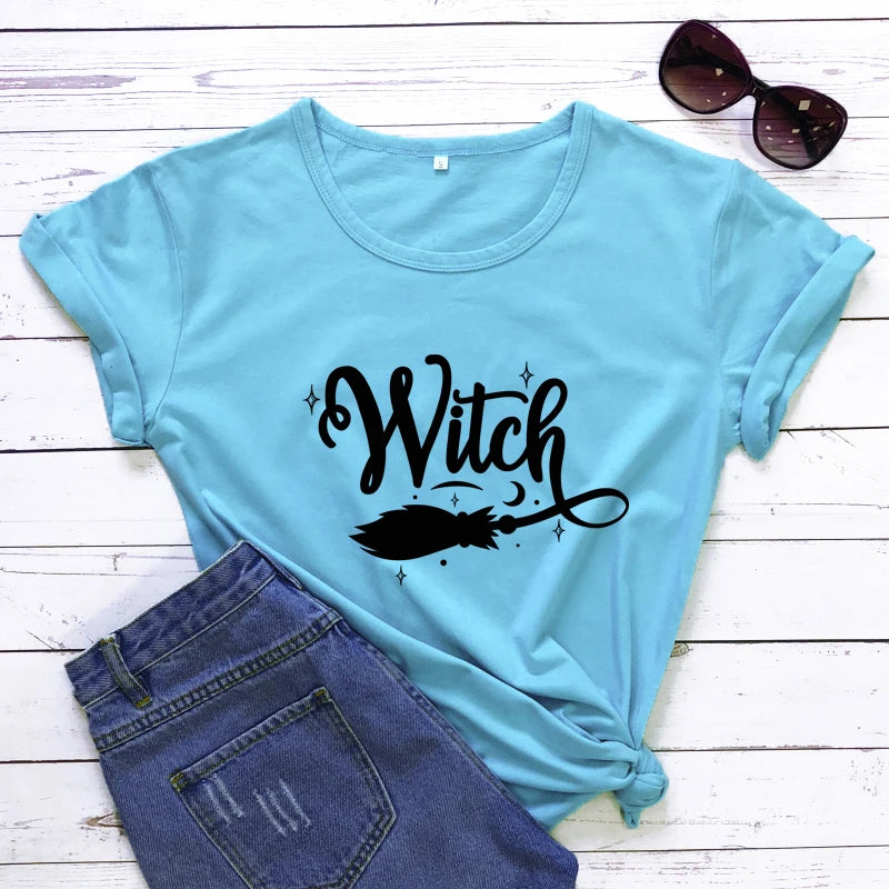 Witch Broom 100% Cotton T-shirt Funny Women Halloween Costume Tshirt Fashion Autumn Short Sleeve Graphic Witchy Tops Camiseta