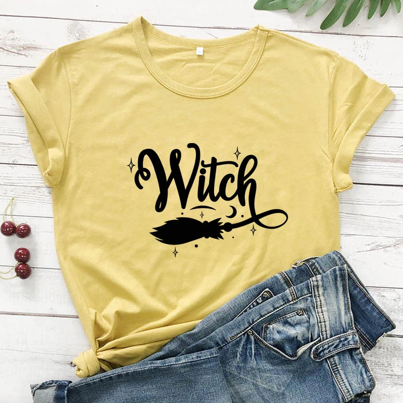 Witch Broom 100% Cotton T-shirt Funny Women Halloween Costume Tshirt Fashion Autumn Short Sleeve Graphic Witchy Tops Camiseta