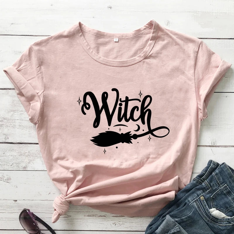 Witch Broom 100% Cotton T-shirt Funny Women Halloween Costume Tshirt Fashion Autumn Short Sleeve Graphic Witchy Tops Camiseta