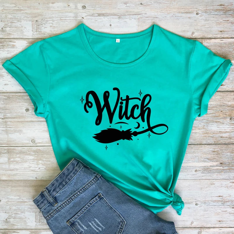 Witch Broom 100% Cotton T-shirt Funny Women Halloween Costume Tshirt Fashion Autumn Short Sleeve Graphic Witchy Tops Camiseta
