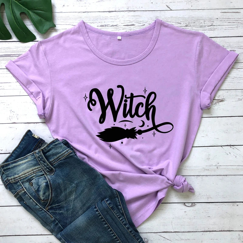 Witch Broom 100% Cotton T-shirt Funny Women Halloween Costume Tshirt Fashion Autumn Short Sleeve Graphic Witchy Tops Camiseta