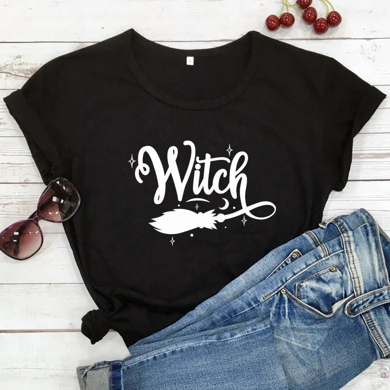 Witch Broom 100% Cotton T-shirt Funny Women Halloween Costume Tshirt Fashion Autumn Short Sleeve Graphic Witchy Tops Camiseta