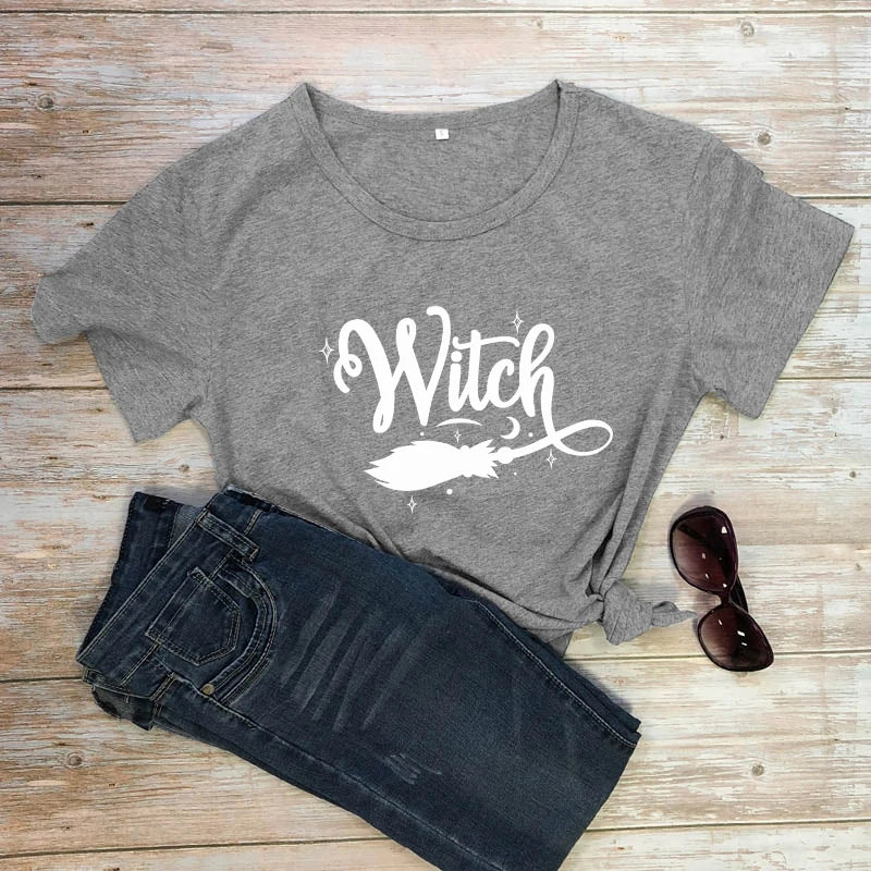 Witch Broom 100% Cotton T-shirt Funny Women Halloween Costume Tshirt Fashion Autumn Short Sleeve Graphic Witchy Tops Camiseta