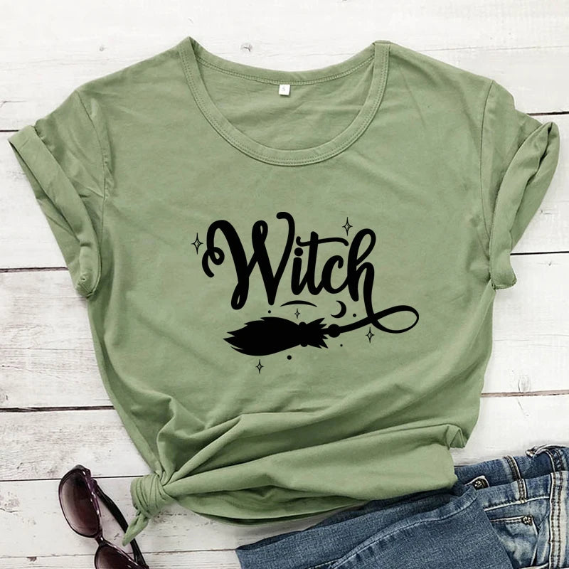 Witch Broom 100% Cotton T-shirt Funny Women Halloween Costume Tshirt Fashion Autumn Short Sleeve Graphic Witchy Tops Camiseta