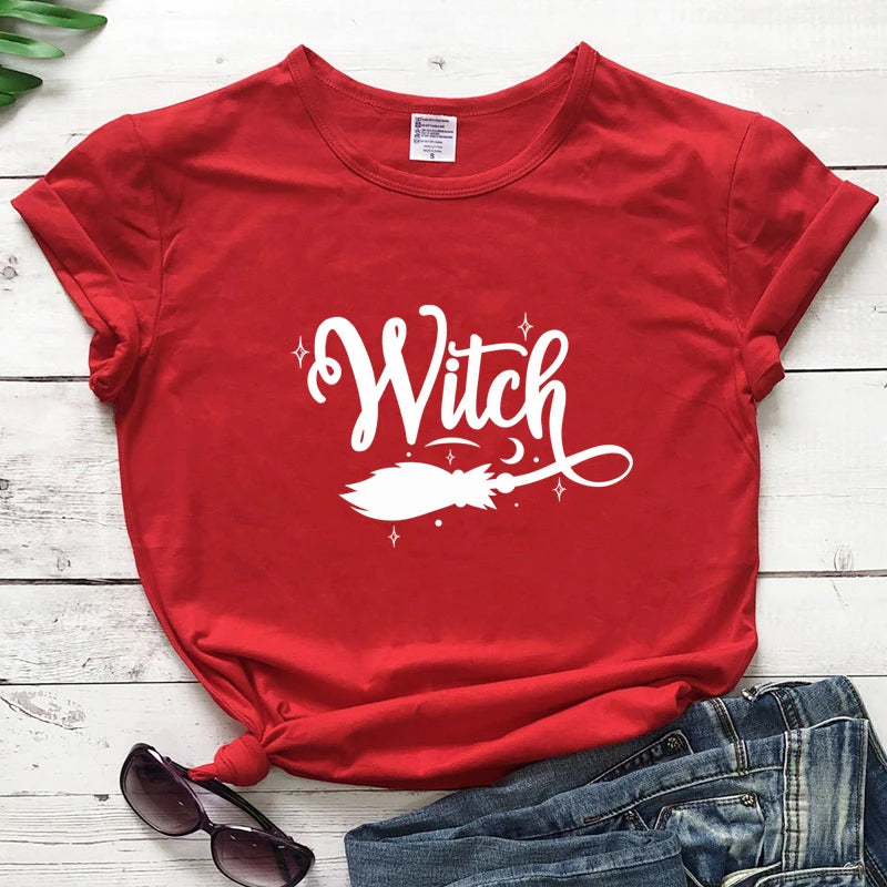 Witch Broom 100% Cotton T-shirt Funny Women Halloween Costume Tshirt Fashion Autumn Short Sleeve Graphic Witchy Tops Camiseta