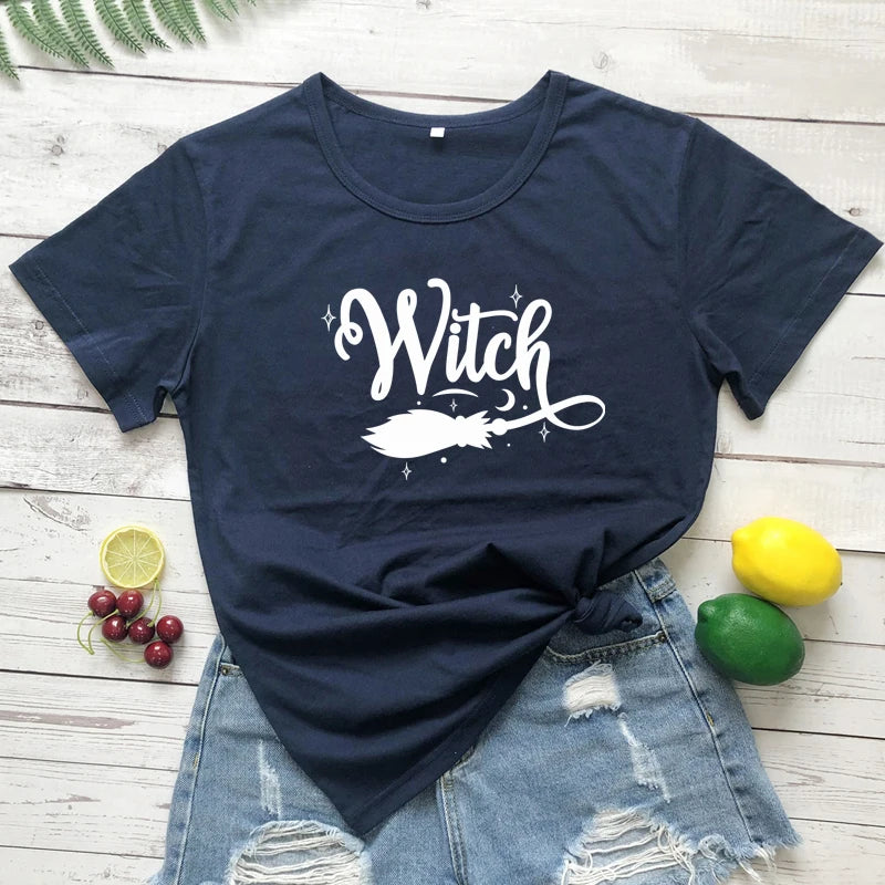 Witch Broom 100% Cotton T-shirt Funny Women Halloween Costume Tshirt Fashion Autumn Short Sleeve Graphic Witchy Tops Camiseta