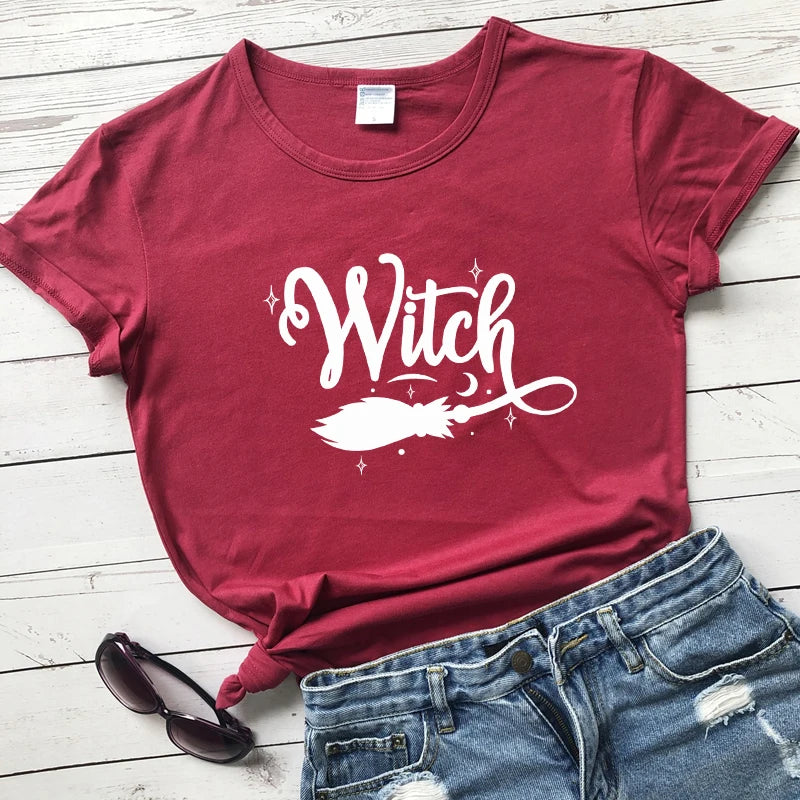 Witch Broom 100% Cotton T-shirt Funny Women Halloween Costume Tshirt Fashion Autumn Short Sleeve Graphic Witchy Tops Camiseta