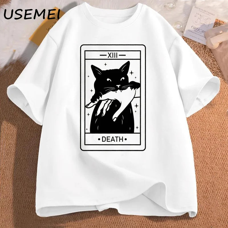 Tarot Death Witchy Cat T Shirt Women Funny Tarot Card Tshirt Cat Mom Tee Shirt Crazy Lovers Cat Lady T-shirts Cotton Clothing
