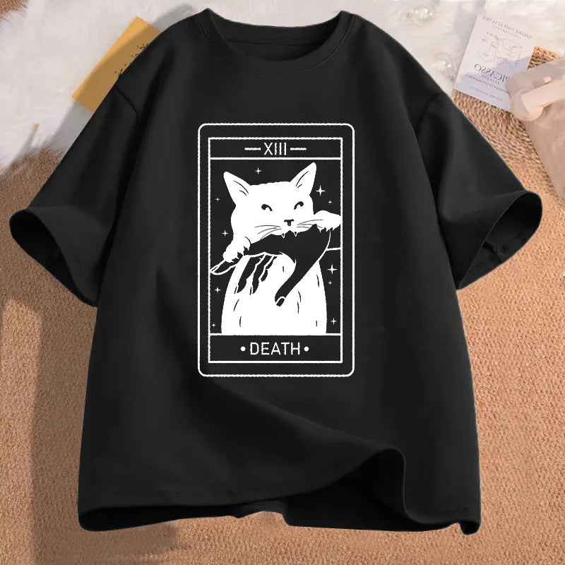 Tarot Death Witchy Cat T Shirt Women Funny Tarot Card Tshirt Cat Mom Tee Shirt Crazy Lovers Cat Lady T-shirts Cotton Clothing