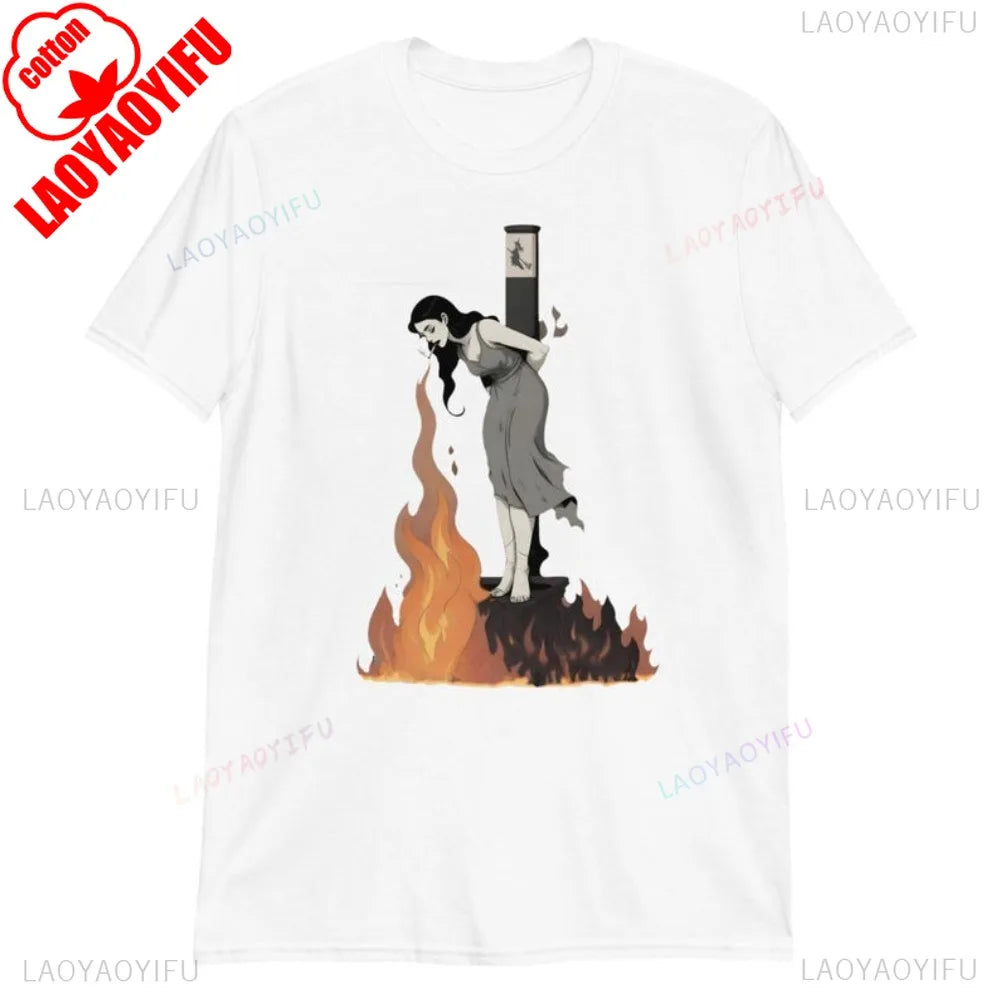 Witch Lighting Cigarette While Burning At The Stake Tshirt Personality Attitude Tee Tops Men Women Unisex Summer Casual Tshirt