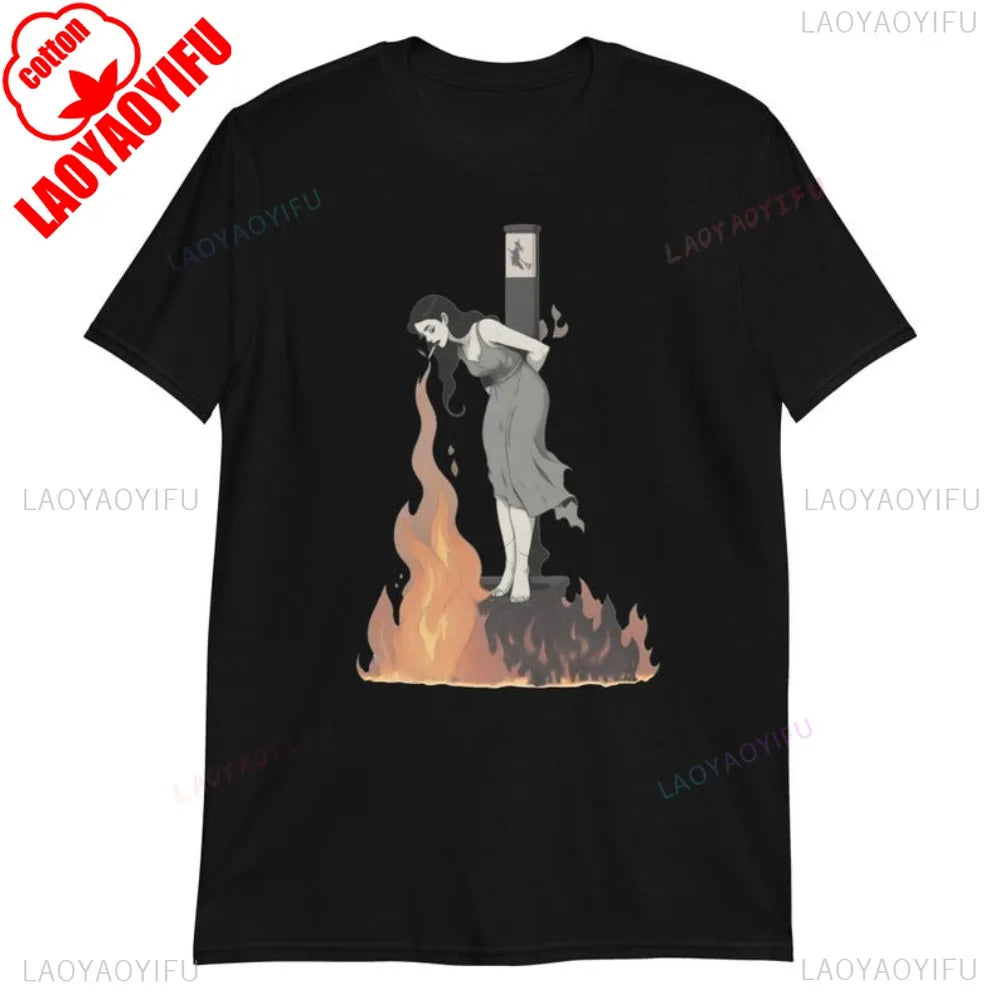 Witch Lighting Cigarette While Burning At The Stake Tshirt Personality Attitude Tee Tops Men Women Unisex Summer Casual Tshirt