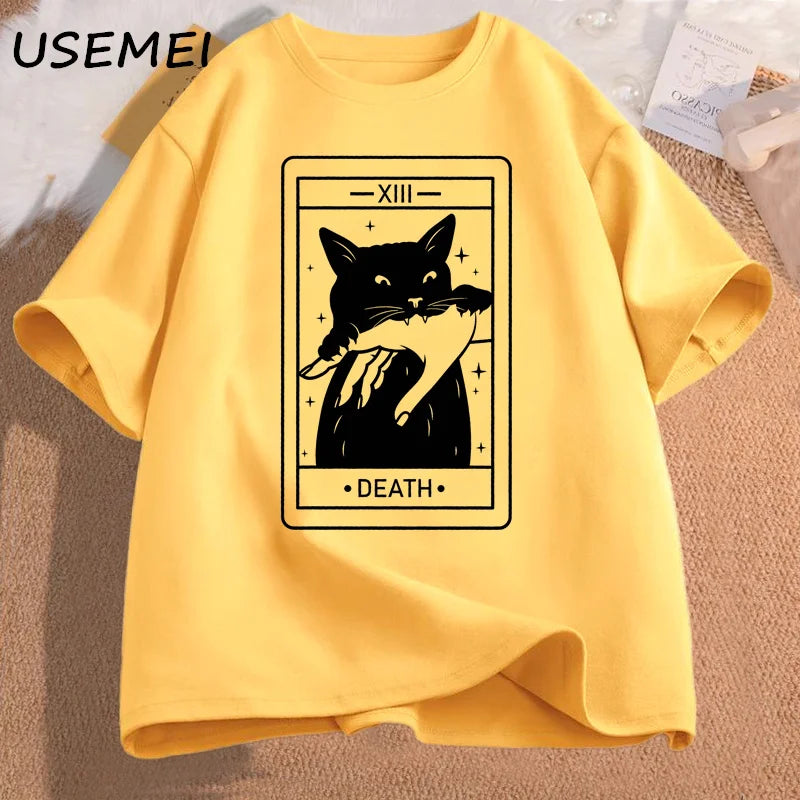 Tarot Death Witchy Cat T Shirt Women Funny Tarot Card Tshirt Cat Mom Tee Shirt Crazy Lovers Cat Lady T-shirts Cotton Clothing
