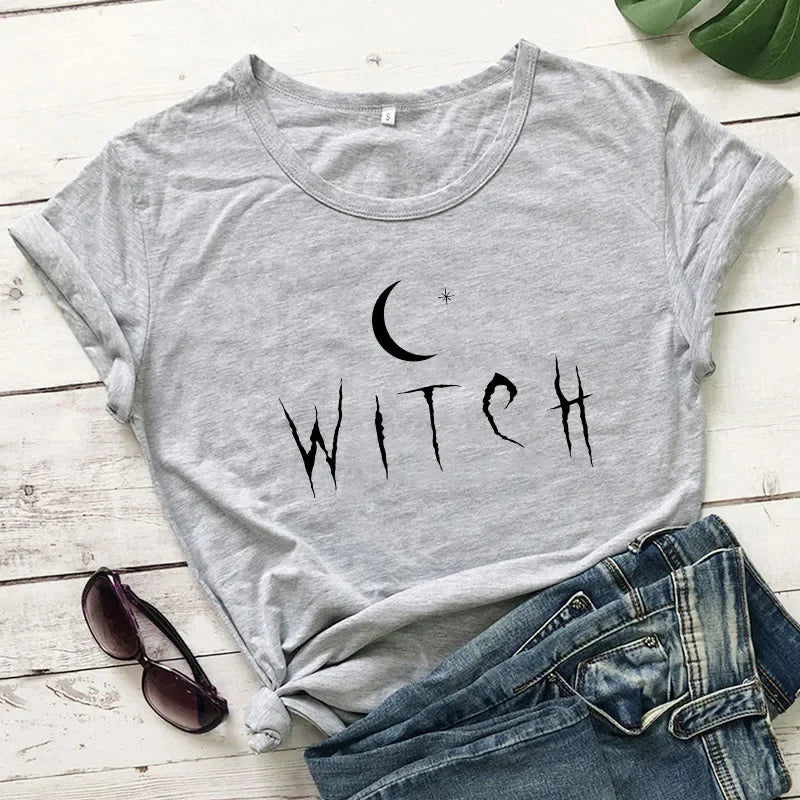 Witch Star Moon Print Women T Shirt Short Sleeve O Neck Loose Women Tshirt Ladies Tee Shirt Tops Camisetas Mujer