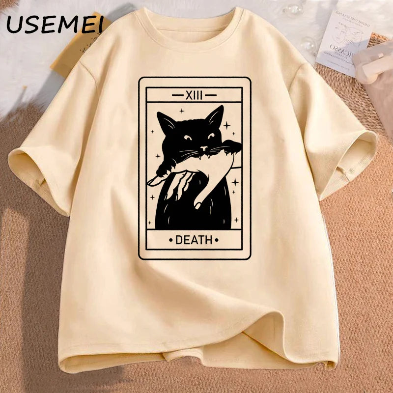 Tarot Death Witchy Cat T Shirt Women Funny Tarot Card Tshirt Cat Mom Tee Shirt Crazy Lovers Cat Lady T-shirts Cotton Clothing