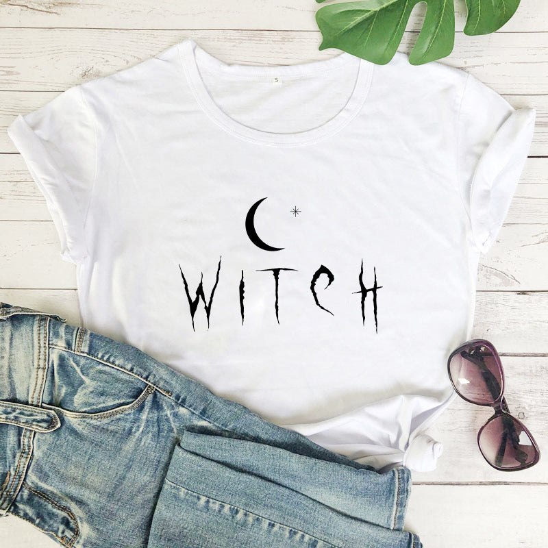 Witch Star Moon Print Women T Shirt Short Sleeve O Neck Loose Women Tshirt Ladies Tee Shirt Tops Camisetas Mujer