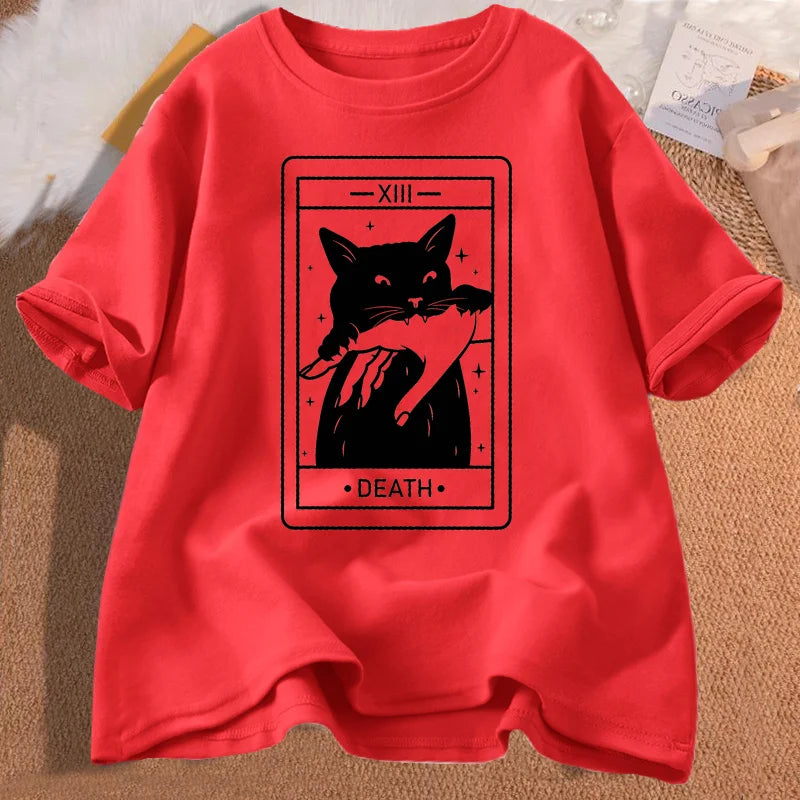 Tarot Death Witchy Cat T Shirt Women Funny Tarot Card Tshirt Cat Mom Tee Shirt Crazy Lovers Cat Lady T-shirts Cotton Clothing