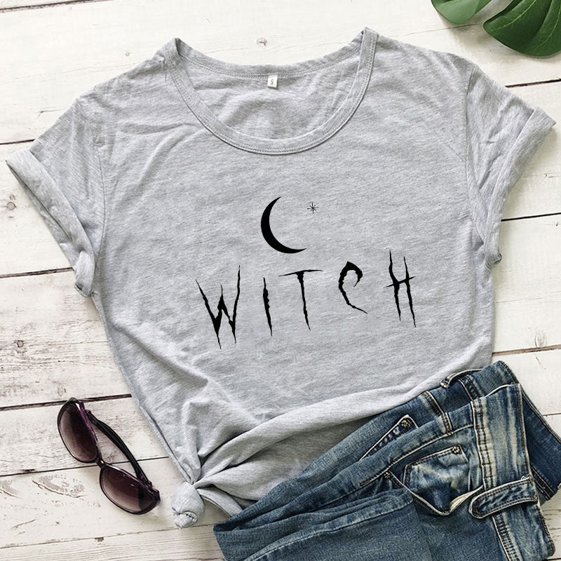 Witch Star Moon Print Women T Shirt Short Sleeve O Neck Loose Women Tshirt Ladies Tee Shirt Tops Camisetas Mujer