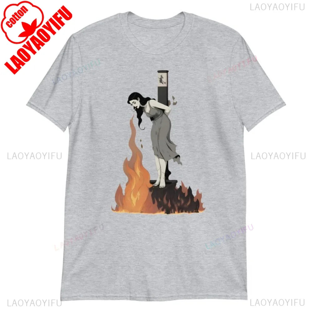 Witch Lighting Cigarette While Burning At The Stake Tshirt Personality Attitude Tee Tops Men Women Unisex Summer Casual Tshirt