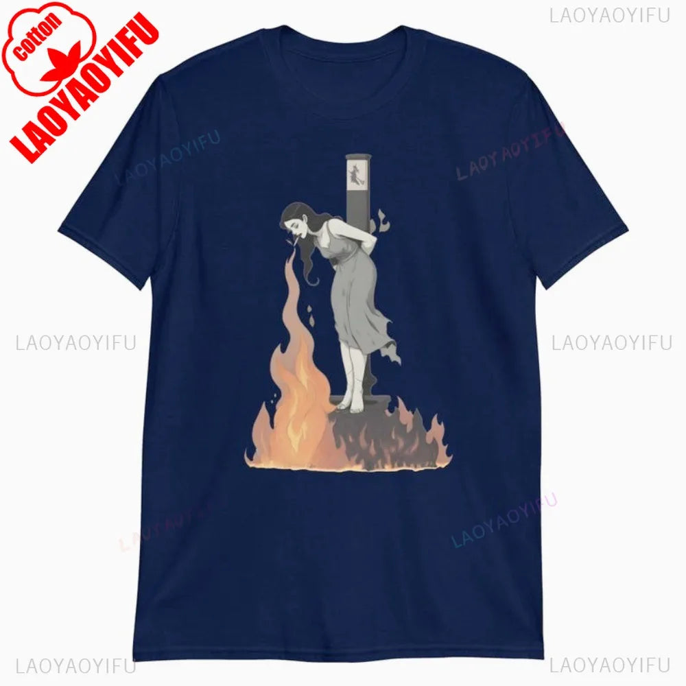 Witch Lighting Cigarette While Burning At The Stake Tshirt Personality Attitude Tee Tops Men Women Unisex Summer Casual Tshirt