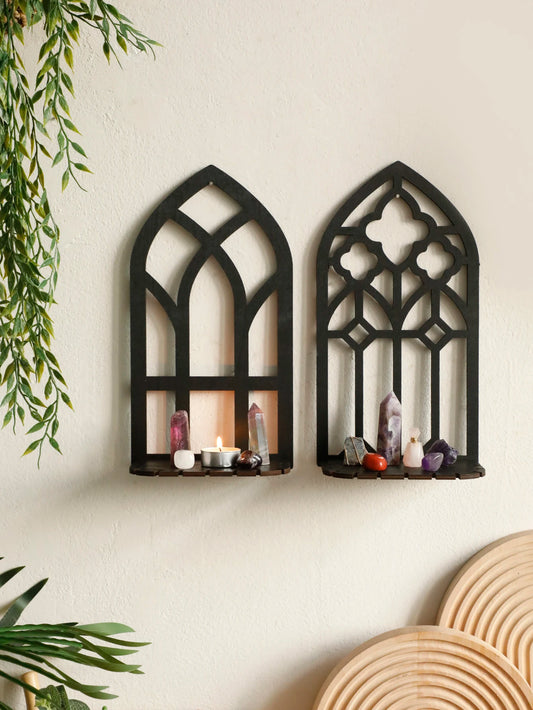 Black Gothic Shelf Wooden Hollow Vintage Door Frame Wall Hanging Floating Shelves Display Stand Crystal Holder Witch Home Decor