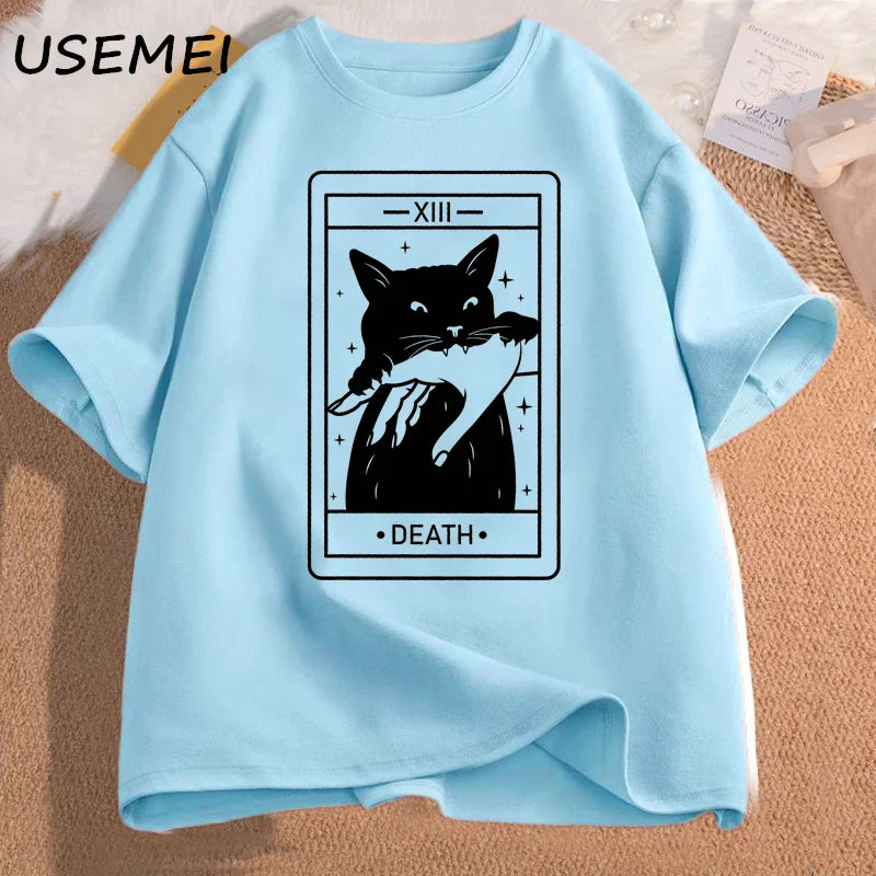 Tarot Death Witchy Cat T Shirt Women Funny Tarot Card Tshirt Cat Mom Tee Shirt Crazy Lovers Cat Lady T-shirts Cotton Clothing