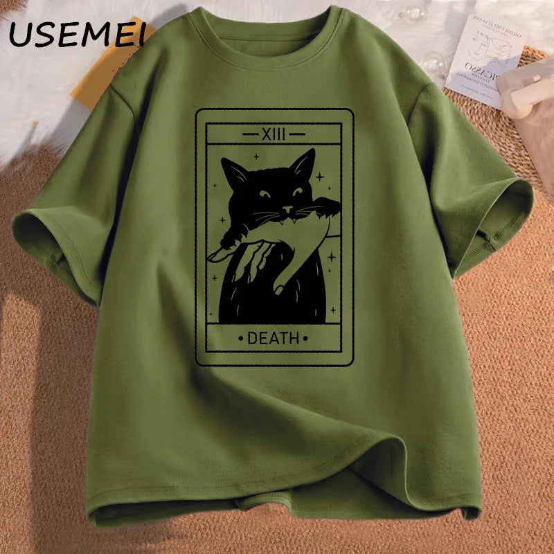 Tarot Death Witchy Cat T Shirt Women Funny Tarot Card Tshirt Cat Mom Tee Shirt Crazy Lovers Cat Lady T-shirts Cotton Clothing