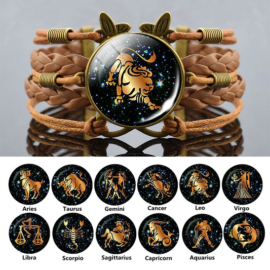 12 Constellation Cancer Leo Virgo Libra Scorpio Bracelet Multilayer Woven Leather Bracelet Zodiac Jewelry for Men Women